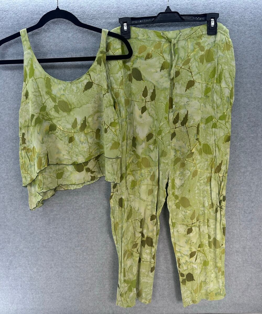 VTG Lost River Women's sz M BOHO Green Leaf Set Tie Dye Hippie Tank Cropped Pant